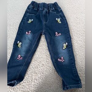 Toddler Girls' Dark Blue Butterfly Embroidered Denim Jeans